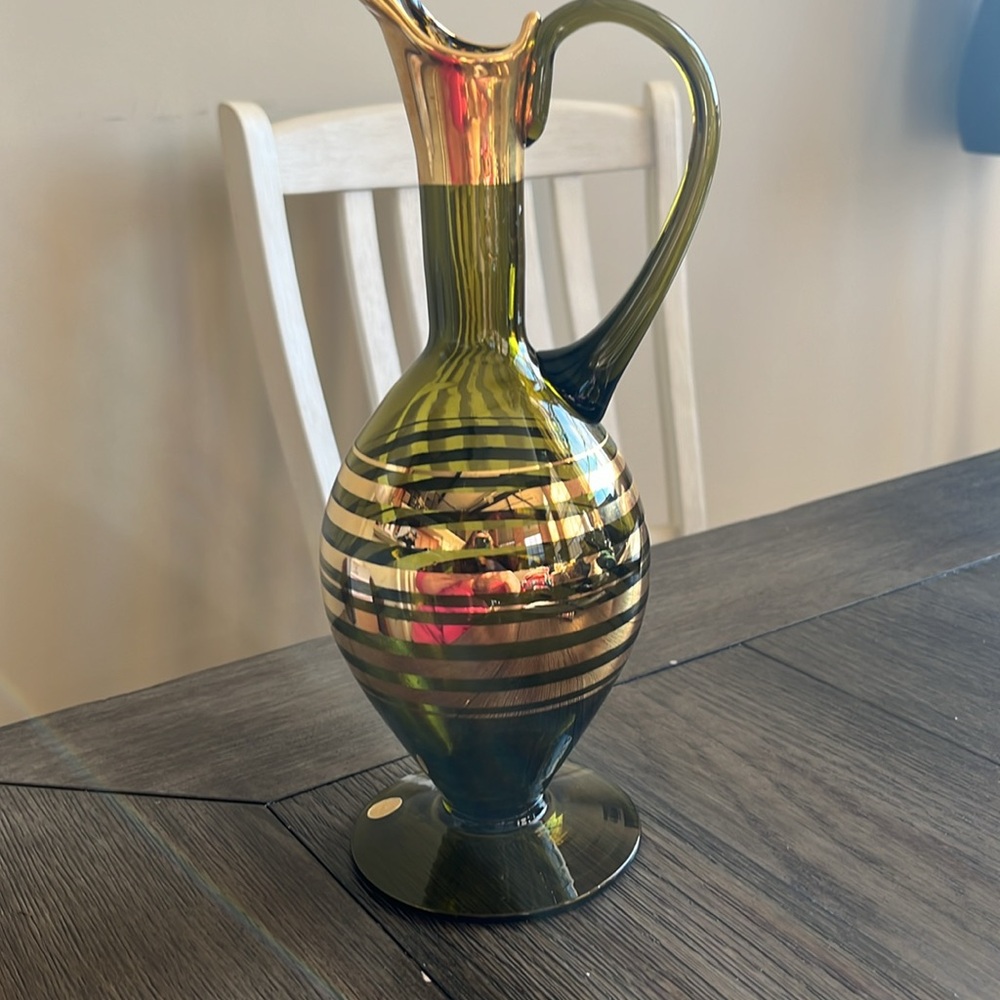 Made in Romania Green and Gold Vintage Mid Century Glass Crystal Pitcher